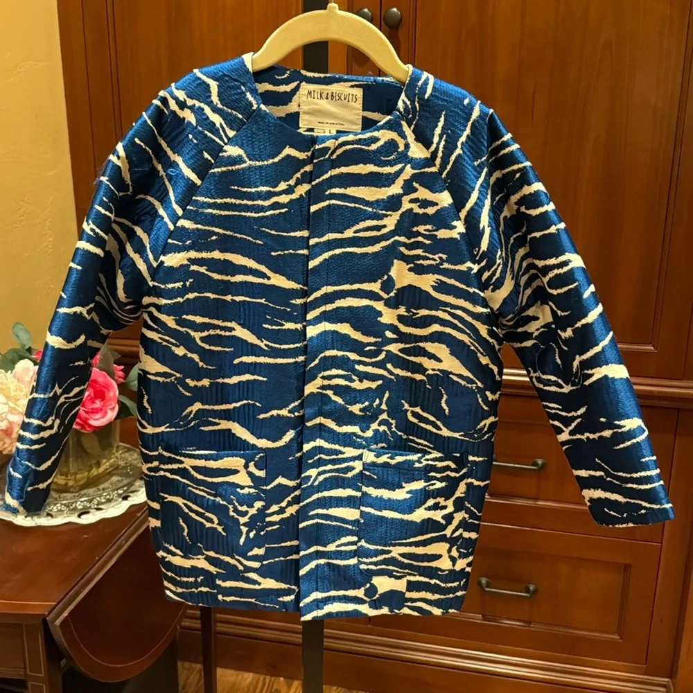 Milk & Biscuits Jacket Kids L 7 8 Blue White Zebra Print Quilted Lining Fashion